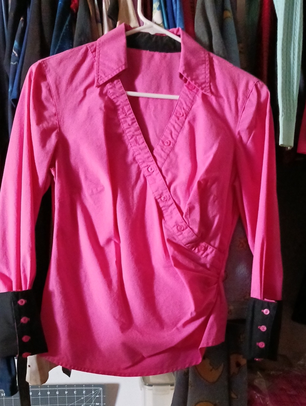 Women's Fuchsia Button-Front Wrap Blouse with Contrast Cuffs